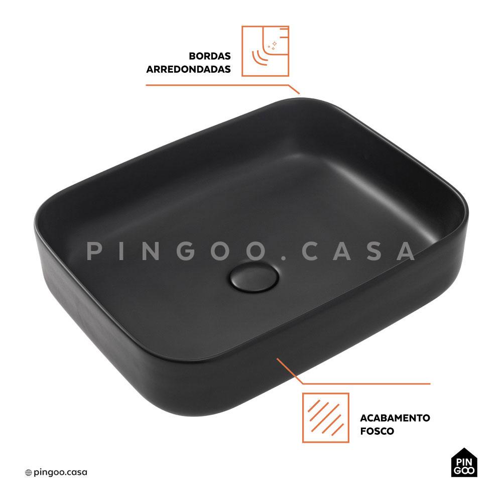 Detalhes do Cuba De Apoio Para Banheiro Retangular Slim Louça Cerâmica 50,5 cm Fluorita Pingoo - Preto Fosco