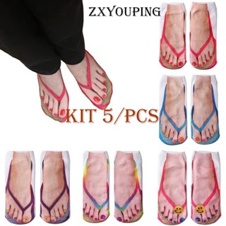 ZXYOUPING Kit 5 Meias De Algodão Moda 3D Funny Novelty Casual Flip Flop Impressas Tornozelo De Corte Baixo