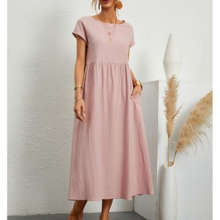 Moda Feminina De Verão Vestido De Bolso De Linho De Algodão Sólido Sem Manga Feminino De Pescoço Redondo Linha A S-5XL