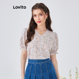 Lovito Blusa Casual Floral com Manga Bufante e Decote em V para Mulheres L54ED012 (Multi-Cor)