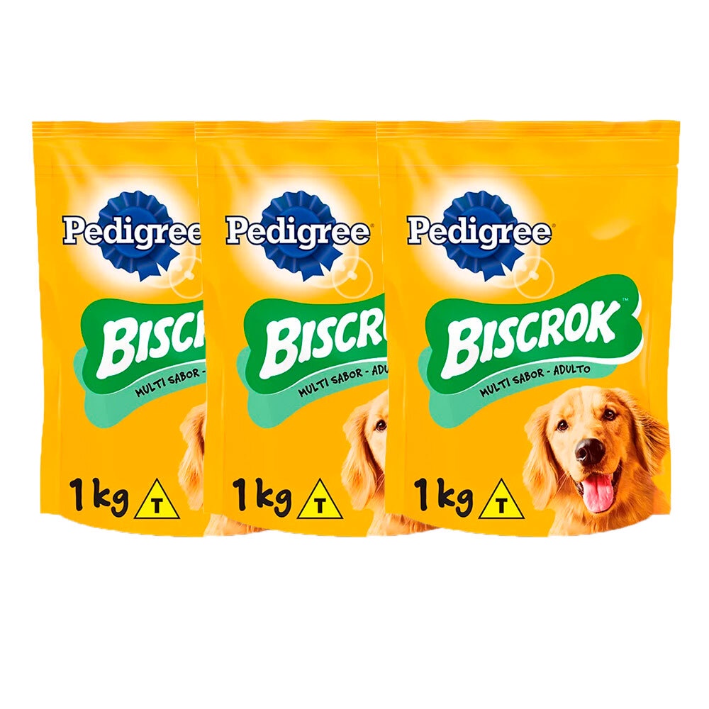 Kit 3 Biscoito Pedigree Biscrok Multi Cães Adultos 1kg - Pets