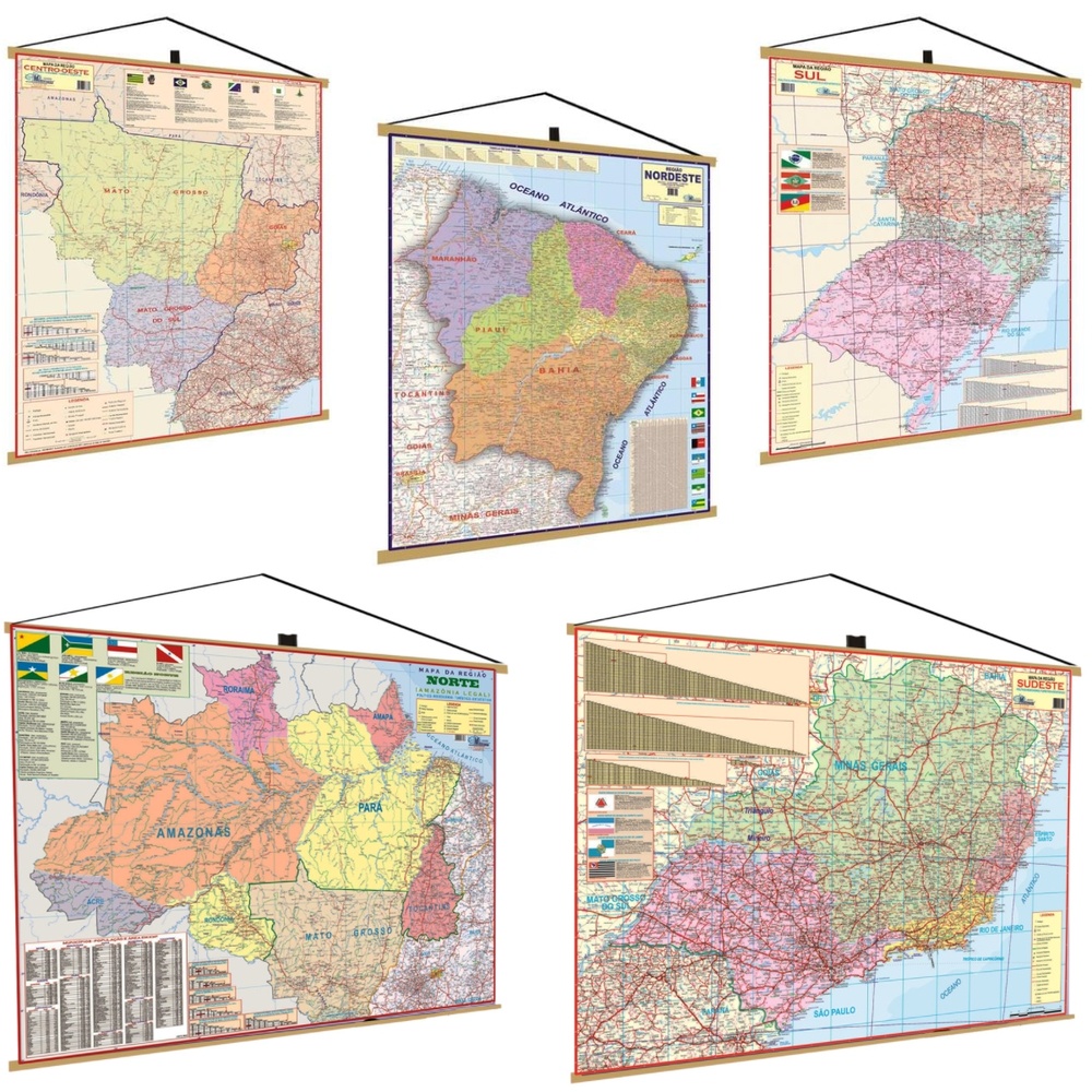 Mapa Brasil Sul Sudeste Norte Nordeste Centro Oeste Regiões Regional 5 Banners Coleção Completa Geografica Atlas Mapa Grande