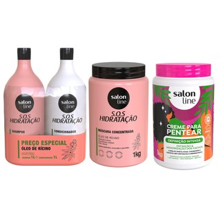 Kit Hidratação Turbinada Shampoo Condicionador Mascara e Creme de Pentear Salon Line