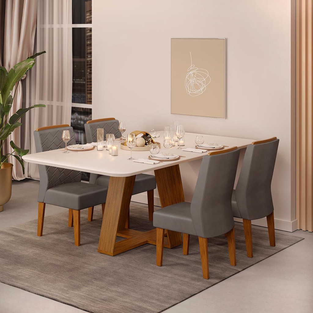 Conjunto de Sala de Jantar 4 Cadeiras Tampo SEM VIDRO 170x90 DJ Móveis Kiara Freijó Lidia Lunar em Oferta na Shopee