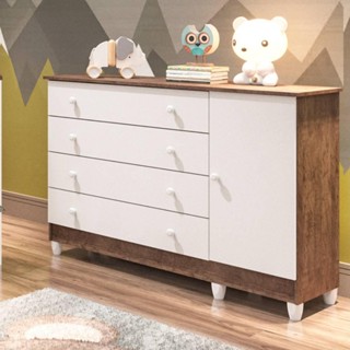 Cômoda Infantil 4 Gavetas com Fraldário Taís Branco Fosco com Amadeirado Carolina Baby