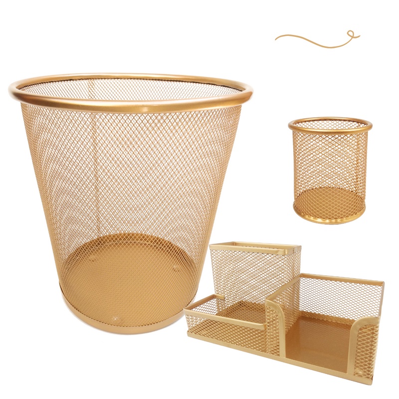 Kit de Escritório Premium - Organizador + Porta Canetas e Lixeira - Gold/Dourado