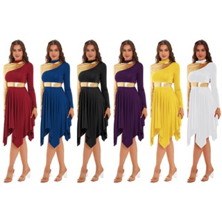 Vestidos De Dança Femininos De Contraste De Cor Manga Longa Bainha Assimétrica