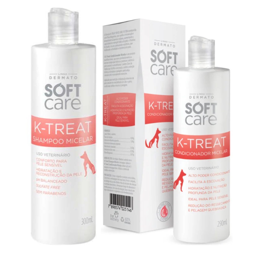 1 K-treat Condicionador e 1 Shampoo K-treat 300ml Soft Care Cães e Gatos - Pets