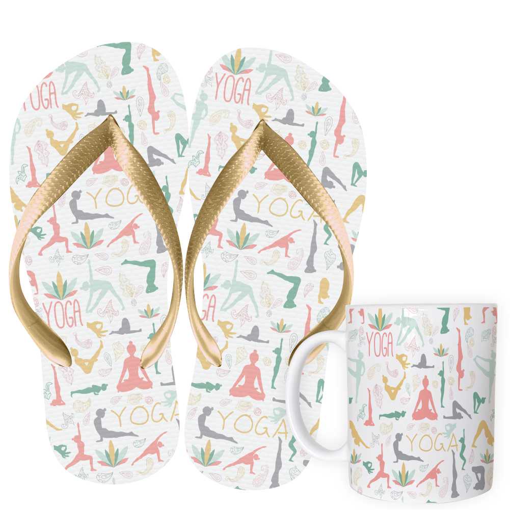 Kit Chinelo e Caneca 325ml Iyengar Yoga - Asanas Posturas. Meditação mindfullness