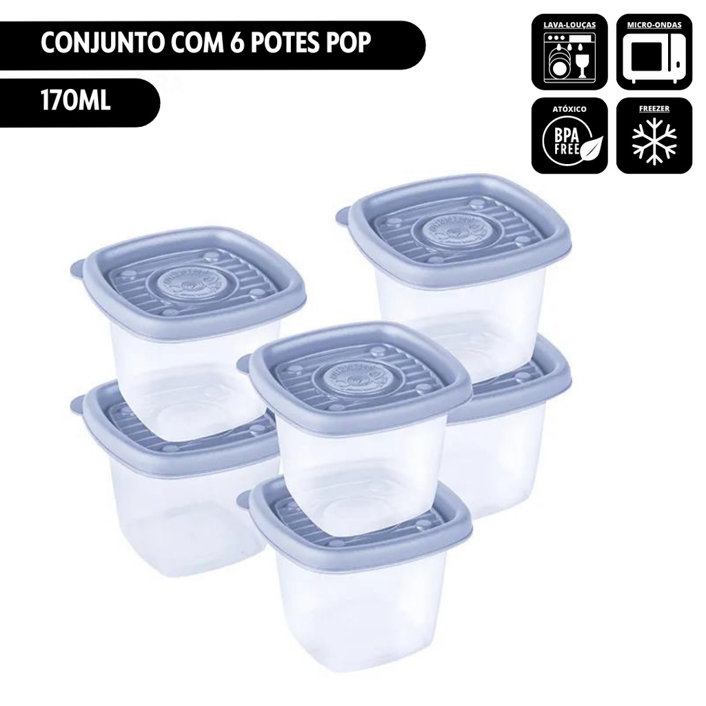 Conjunto c/ 6 unid Pote Pop 170ml Quadrado Plasútil