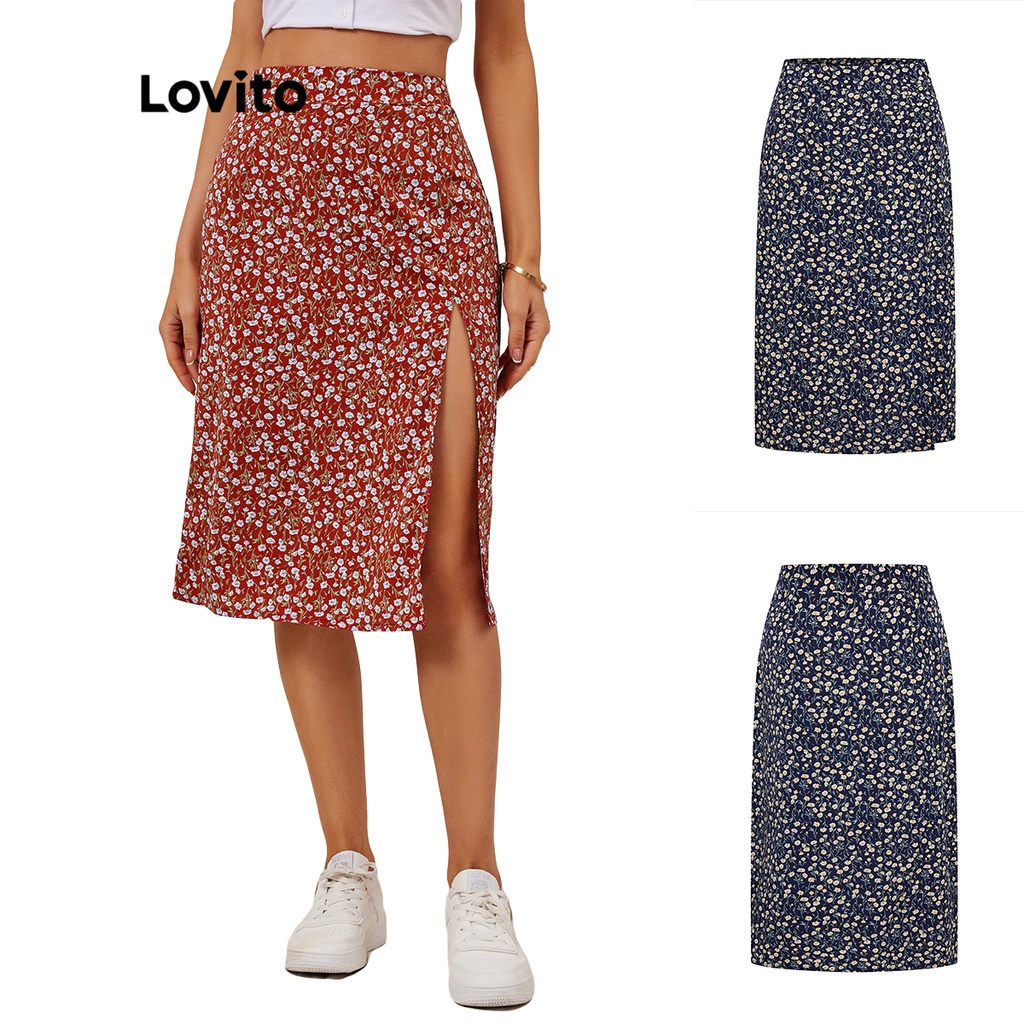 Detalhes do (Trendy) Lovito Saias Casuais Ditsy Floral Split A-Line Cintura Alta L18D019