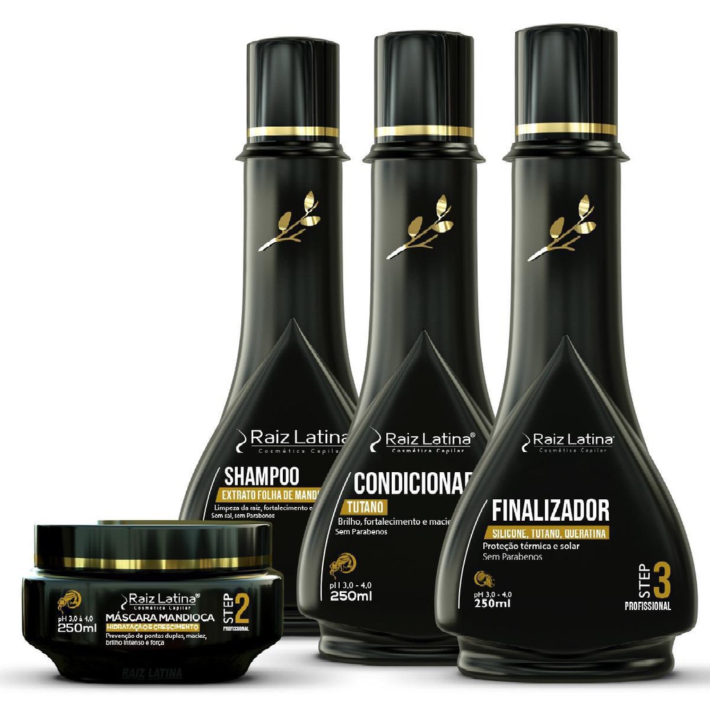 Kit Mandioca e Tutano (shampoo mandioca/máscara mandioca/ condicionador tutano/ finalizador 250ml) Raiz Latina