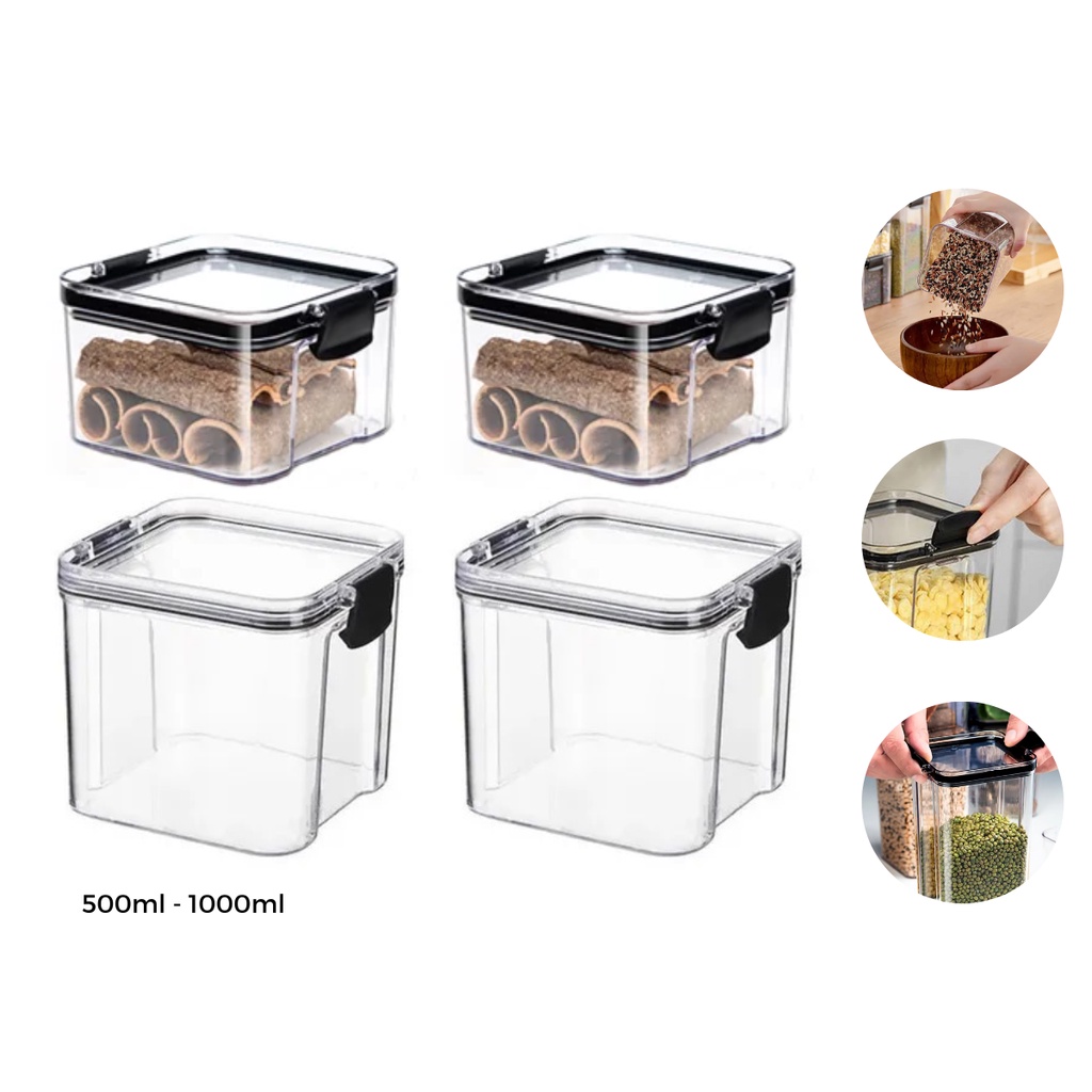 Kit 4 Potes Acrílico Hermético com Trava- 2 De 450 Ml + 2 De 950 ML Mantimento Condimentos Organização Cozinha Geladeira