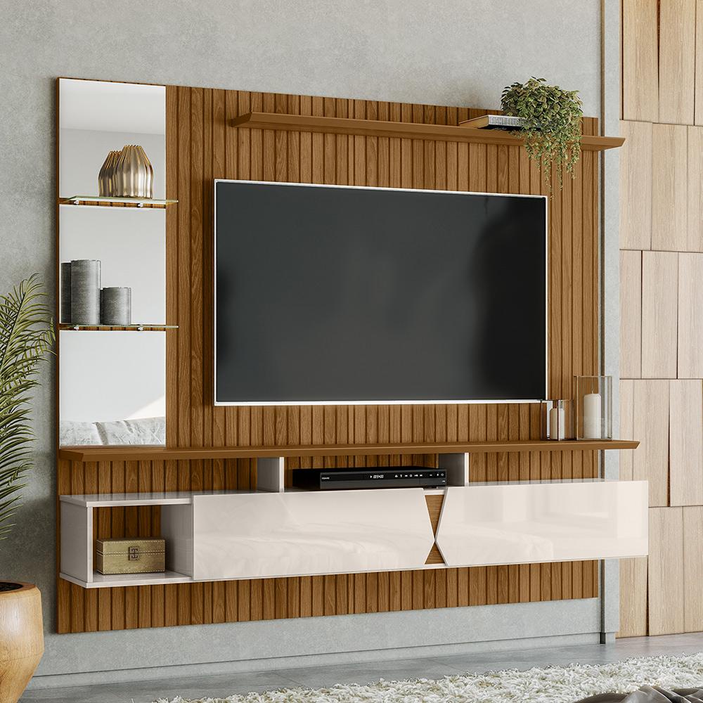 Painel Ripado Lukaliam Móveis Para TV 55 Pol Suspenso MDF Freijó Off White Intense