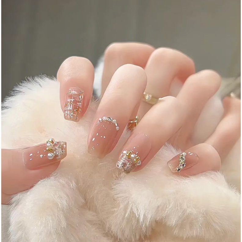 unhas postiças decoradas realista em gel com diamantes Pregos Falsos Naturais De Diamantes