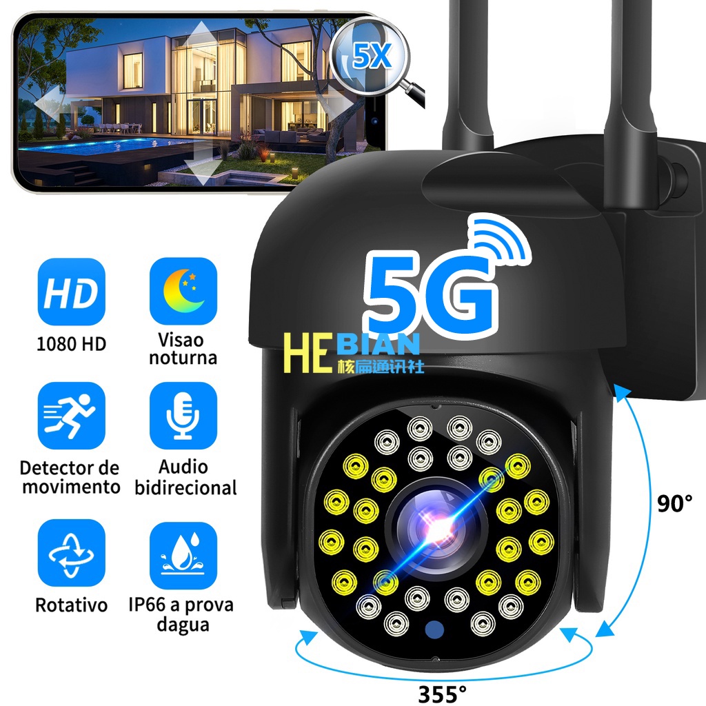 Câmera De Segurança Sem Fio HEBIAN 5G & 2.4G Hd Para Uso Externo 4MP Com 28 LEDs