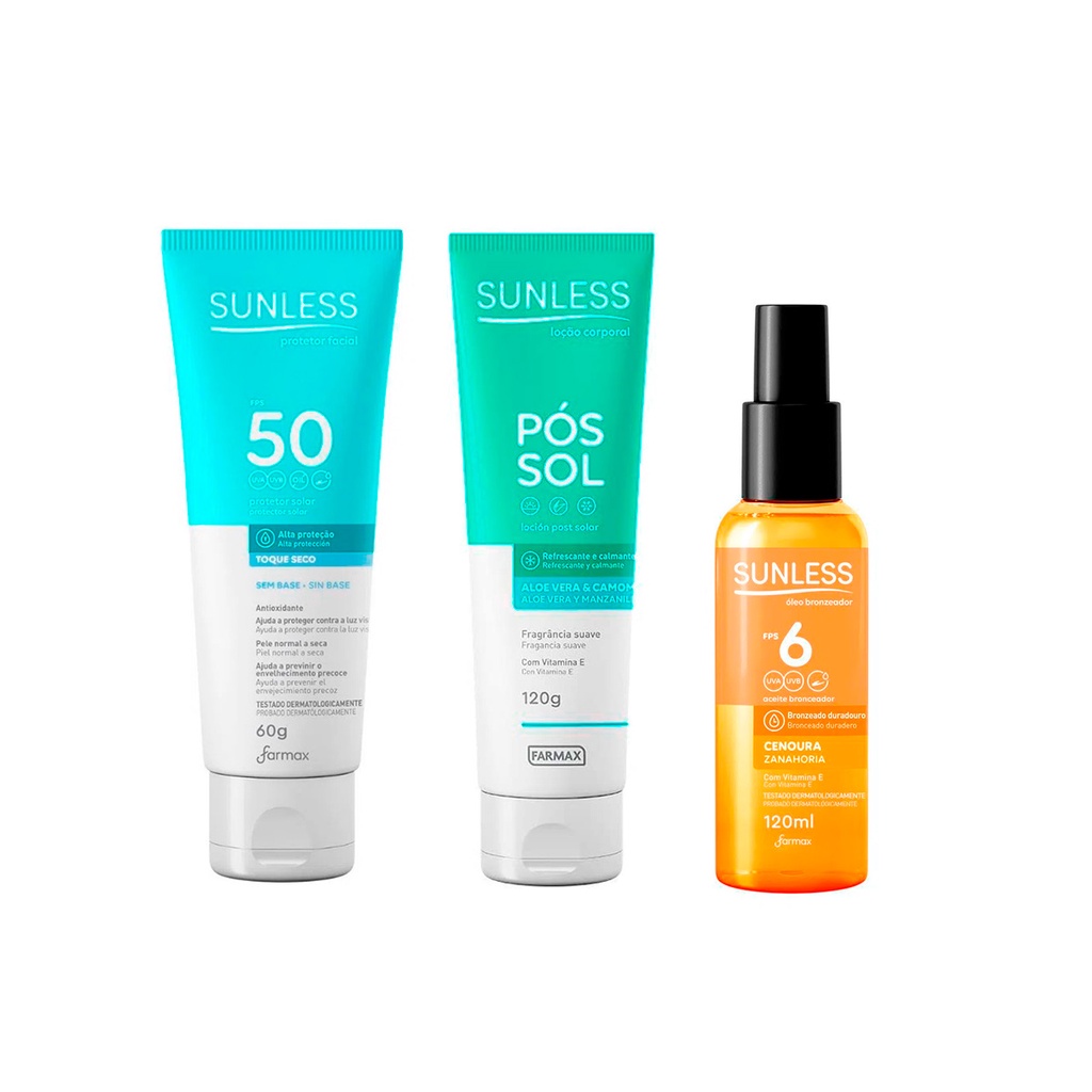 Farmax Kit 3un - 1un Protetor Solar Sem Cor + 1un Pós Sol + 1un Óleo Bronzeador Cenoura