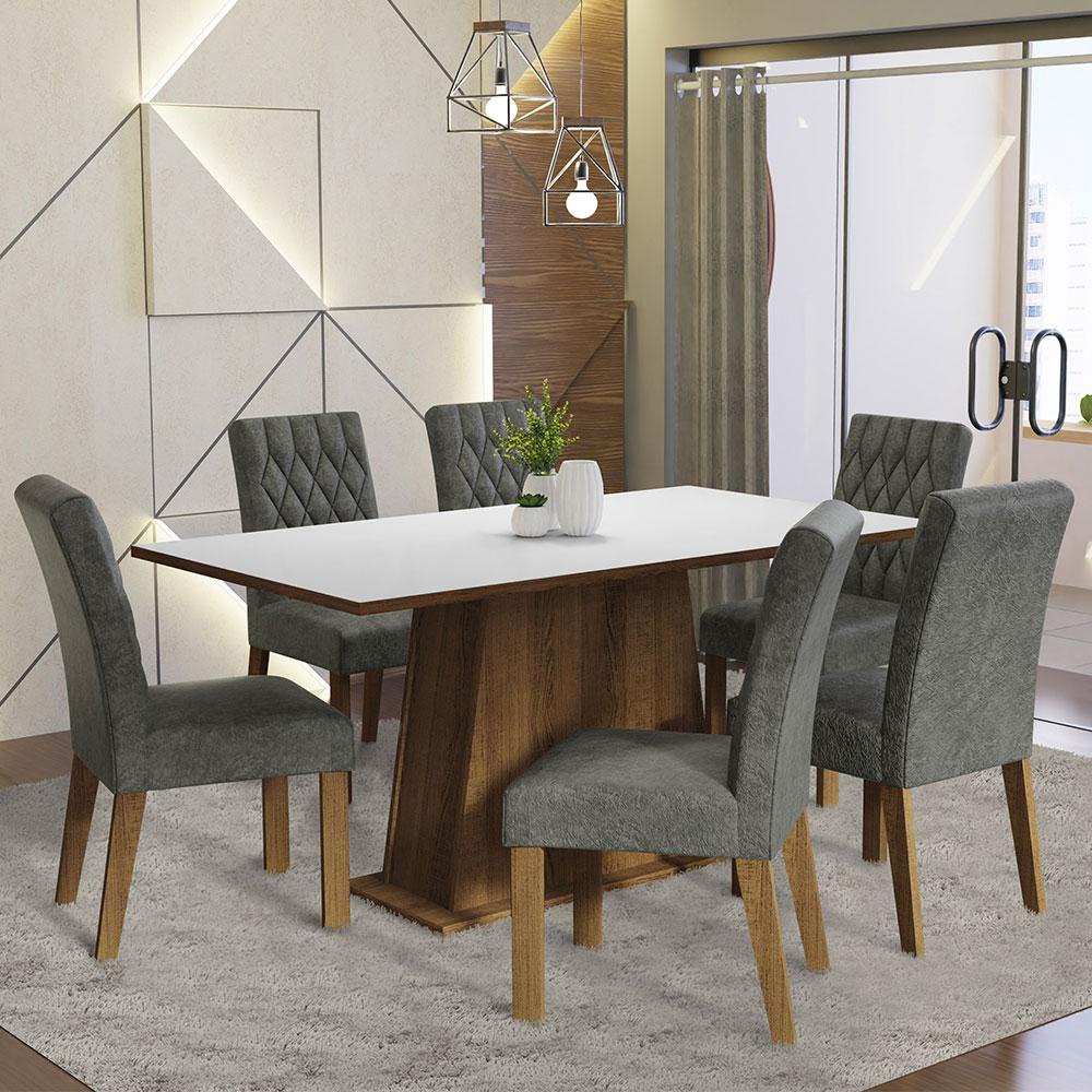 Conjunto Sala de Jantar Mesa Tampo de Madeira 6 Cadeiras Rustic/Branco/Silver Britney Madesa em Oferta na Shopee