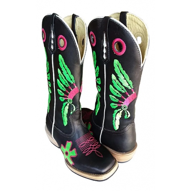 Bota Texana Preta Salto Carrapeta Cocar Indio