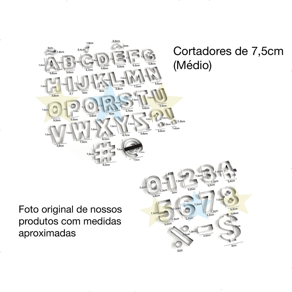 Cortador de Biscoito Alfabeto Letras e Números 7,5cm Kit c/45 cortadores - Massas - Bolos - Pasta Americana