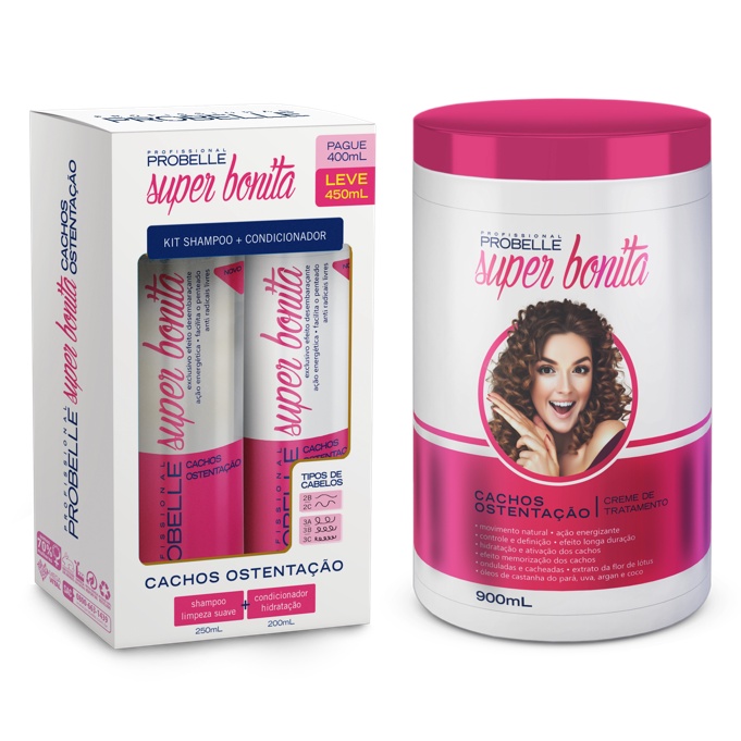 Kit Cachos Ostentação ( Shamp + Cond 450ML + Máscara 900G.) Probelle