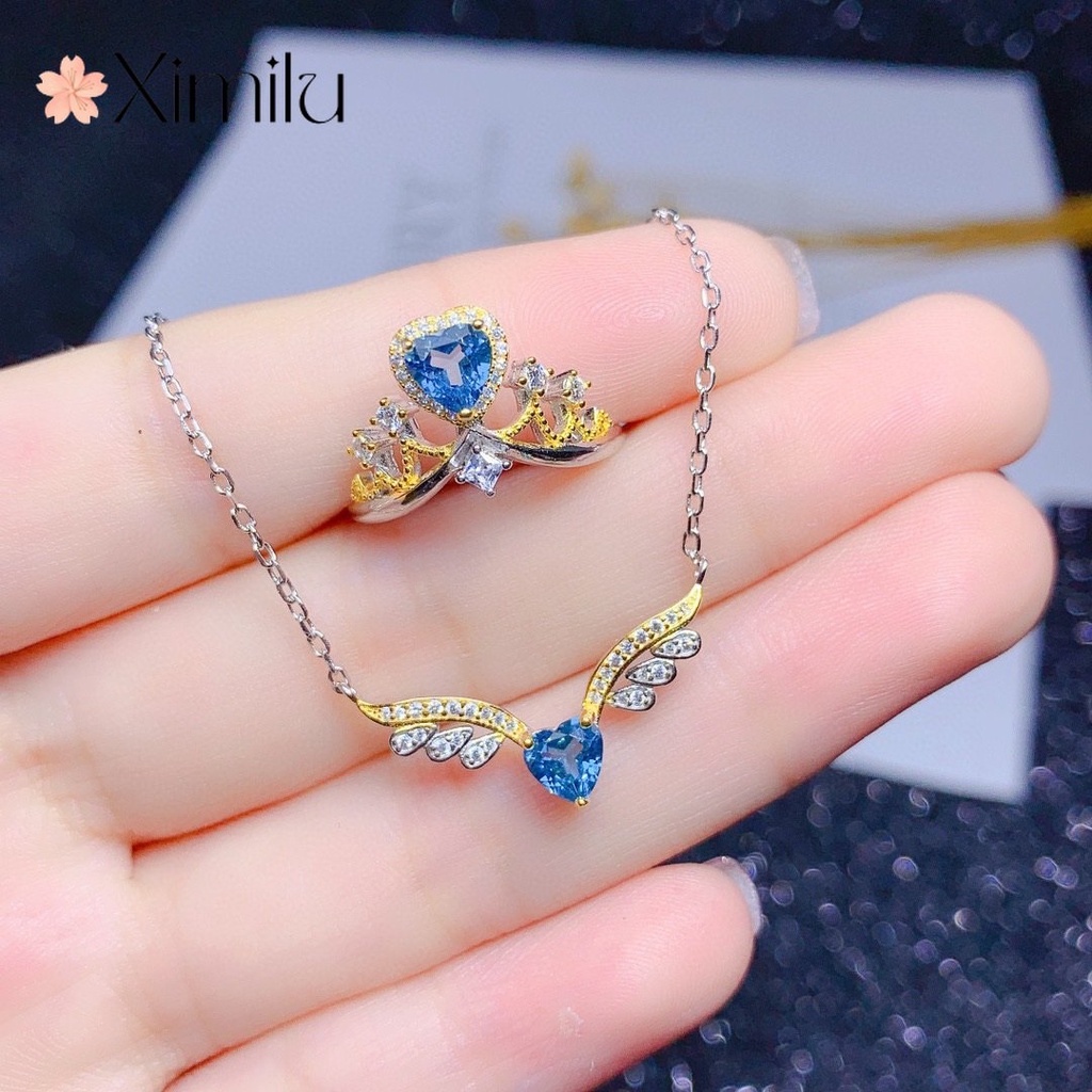 ♥ Original asas de anjo conjunto de jóias londres azul topázio safira cristal pingente prata colar menina anel moda pres
