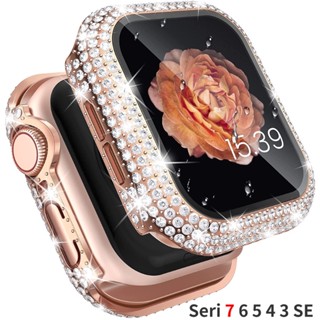Bling Glass + Capa Para Relógio Apple Série 7 3 8 5 6 SE 4 Pára-Choques De Diamante + Protetor De Tela iwatch 45mm 44mm 42mm 41mm 40mm 38mm Tampa
