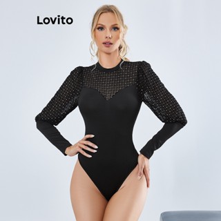 Lovito Elegante Bodysuit com Coração de Strass para Mulheres LBE01092 (Preto)