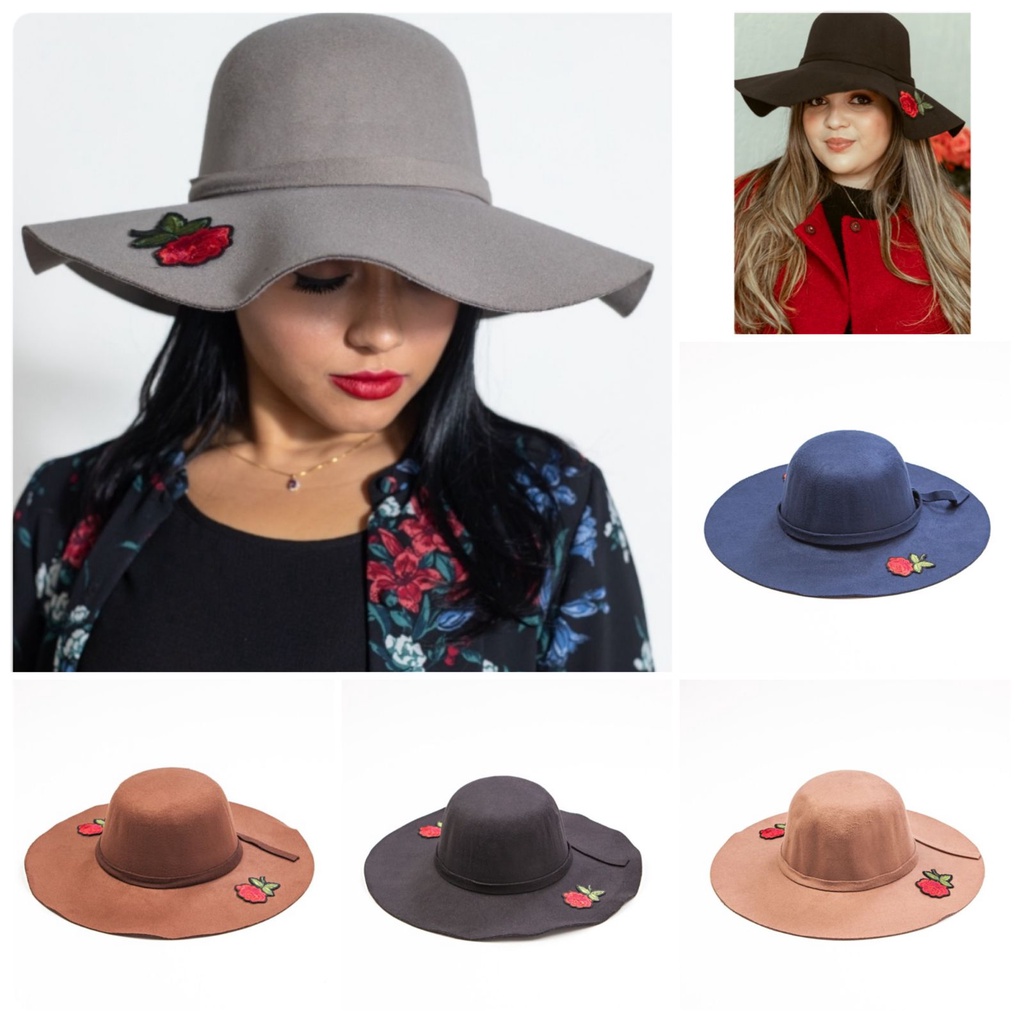 Chapéu Floppy Boho Tendência Outono Inverno 2023 Várias Cores Detalhe em Flor Feltro Veludo