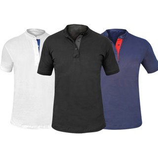 Kit 3 Camisas Gola Padre Masculina Slim 100% Algodão Peruana Premium Henley 3 Botões Camiseta Blusa Lisa Luxo