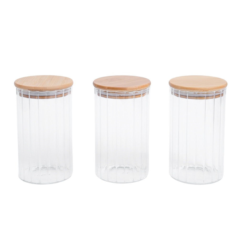 Kit 3 potes vidro canelado com tampa de bambu 800ml - Oikos