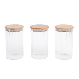 Kit 3 potes vidro canelado com tampa de bambu 800ml - Oikos em Oferta na Shopee