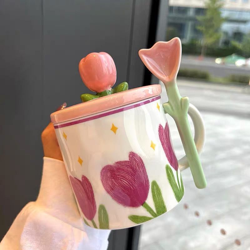 Caneca de cerâmica Tulipa Tulipa Cute Girl Heart Cup com tampa Creative Water Cup
