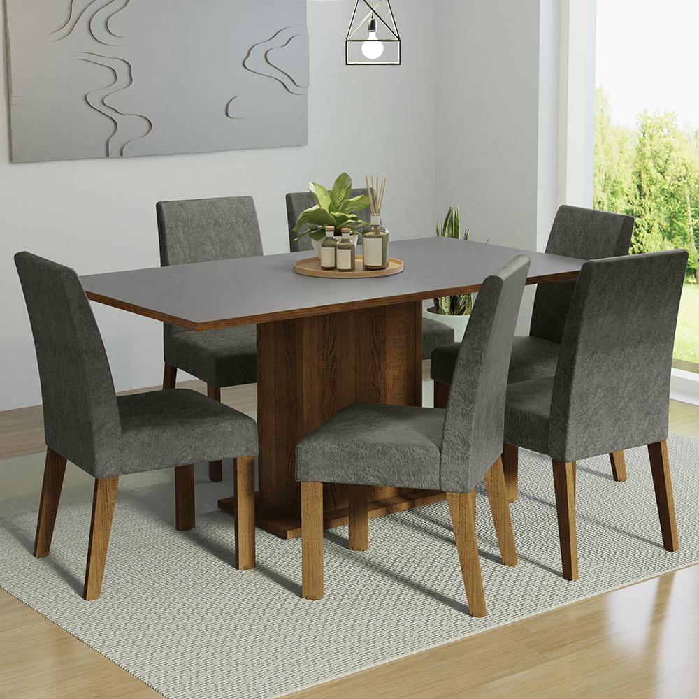 Conjunto Sala de Jantar Mesa Tampo de Madeira 6 Cadeiras Rustic/Cinza/Silver Renata Madesa - Home & Living