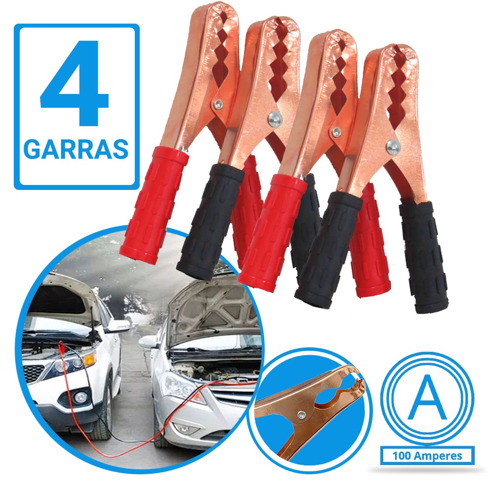 Jogo Kit 4 Garra Jacaré Bateria Chupeta Clip Cabo Suporte 100A Emborrachado