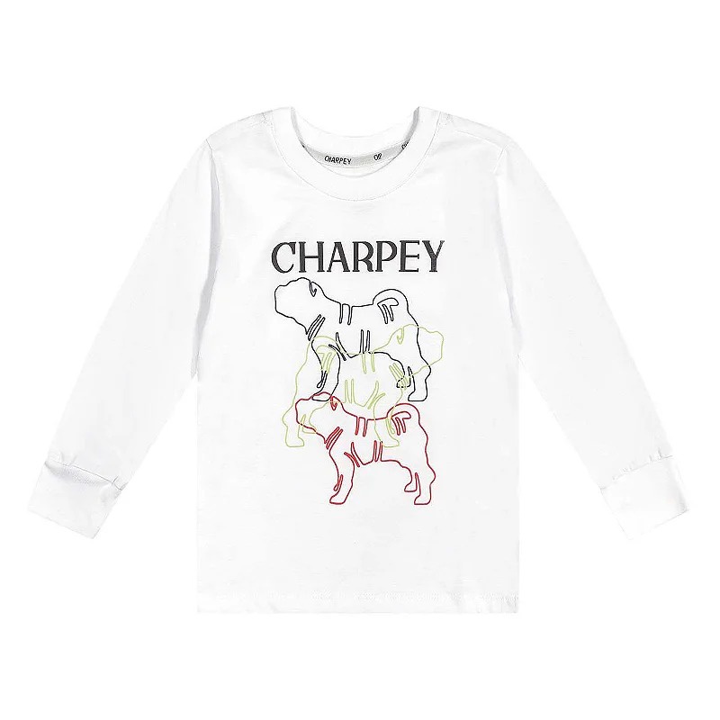 Camiseta Infantil Meia Malha Manga Longa Charpey Camisa Estampada Branca Gola Redonda Pet Branca