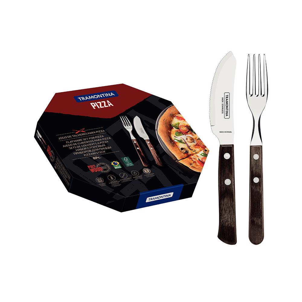 Jogo de Talheres para Pizza em Inox e Cabo Polywood Castanho 8 Peças - Tramontina
