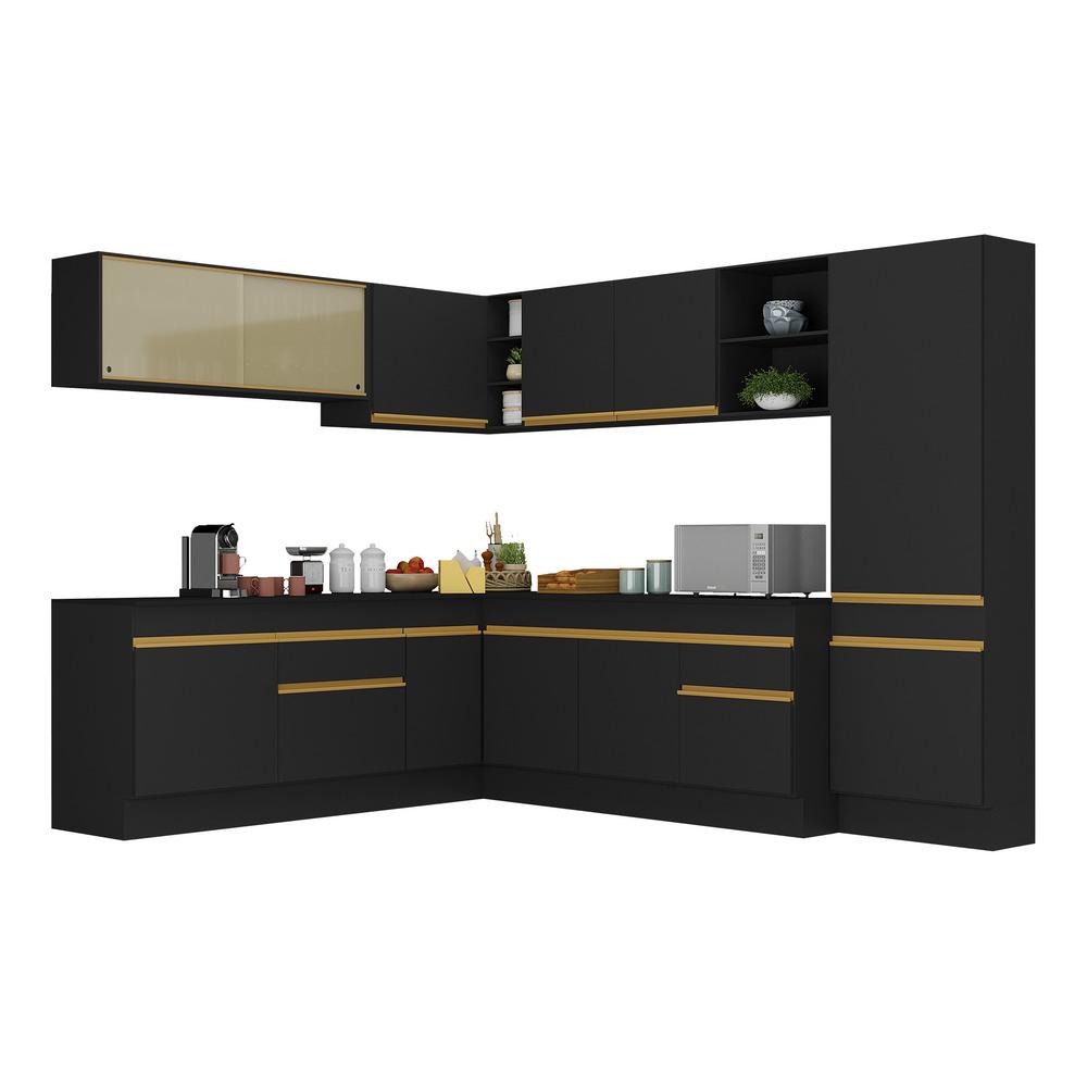 Cozinha Completa de Canto com Rodapé Veneza Multimóveis MP2100 com Armário e Balcão Preta - Home & Living