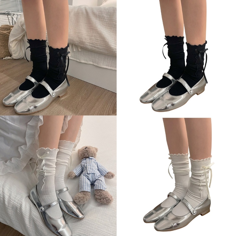 KIN Bowknot Boot Socks Doce Ruffles Crew Japonês Bonito Meias Tubo Médio