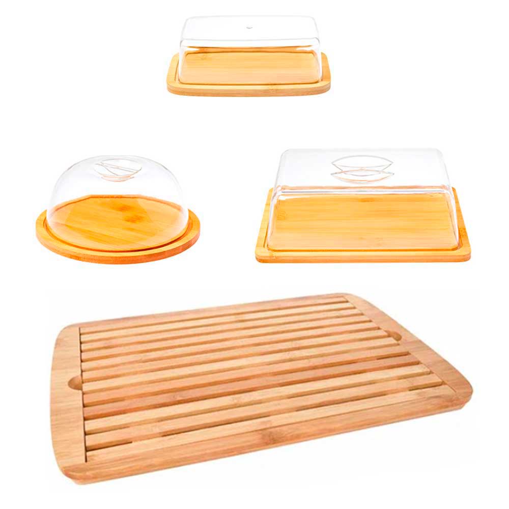 Jogo Porta frios manteiga queijo com tampa Tábua para pães migalheira bambu papa migalha queijeira manteigueira café da manhã mesa posta hotel restaurante bamboo