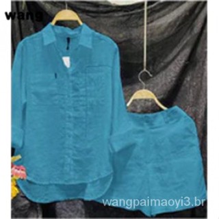 Conjunto Moda Feminina Camisa de Cor Sólida + Shorts Soltos Esbelto Casual Confortável Conjunto de Duas Peças