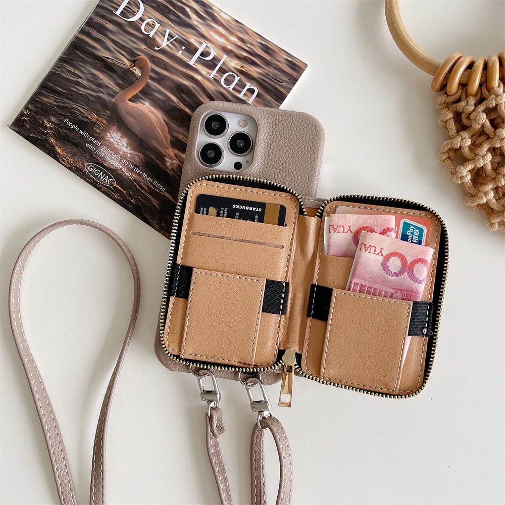 Capa De Couro Carteira Com Zíper Para iPhone 15 14 Plus 13 12 Mini 16 Pro Max Slot Cartão Crossbody Ombro Cordão Caso De Telefone