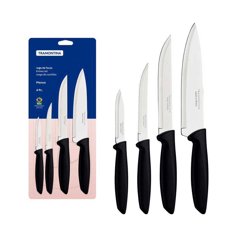 Jogo de Facas Plenus em Inox e Cabo de Polipropileno Preto 4 Peças - Tramontina em Oferta na Shopee