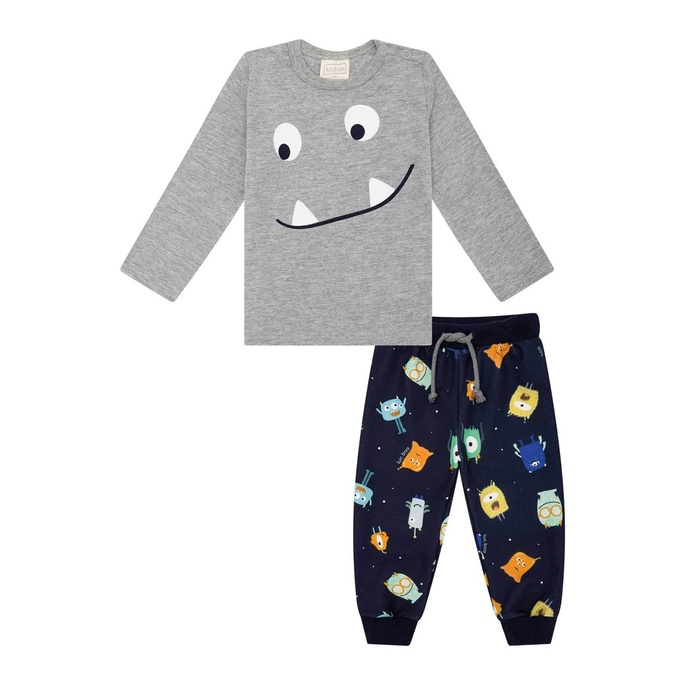 Roupa Infantil Camiseta Manga Longa Calça Estampada Monstrinho Meia Estação Estiloso Confortável