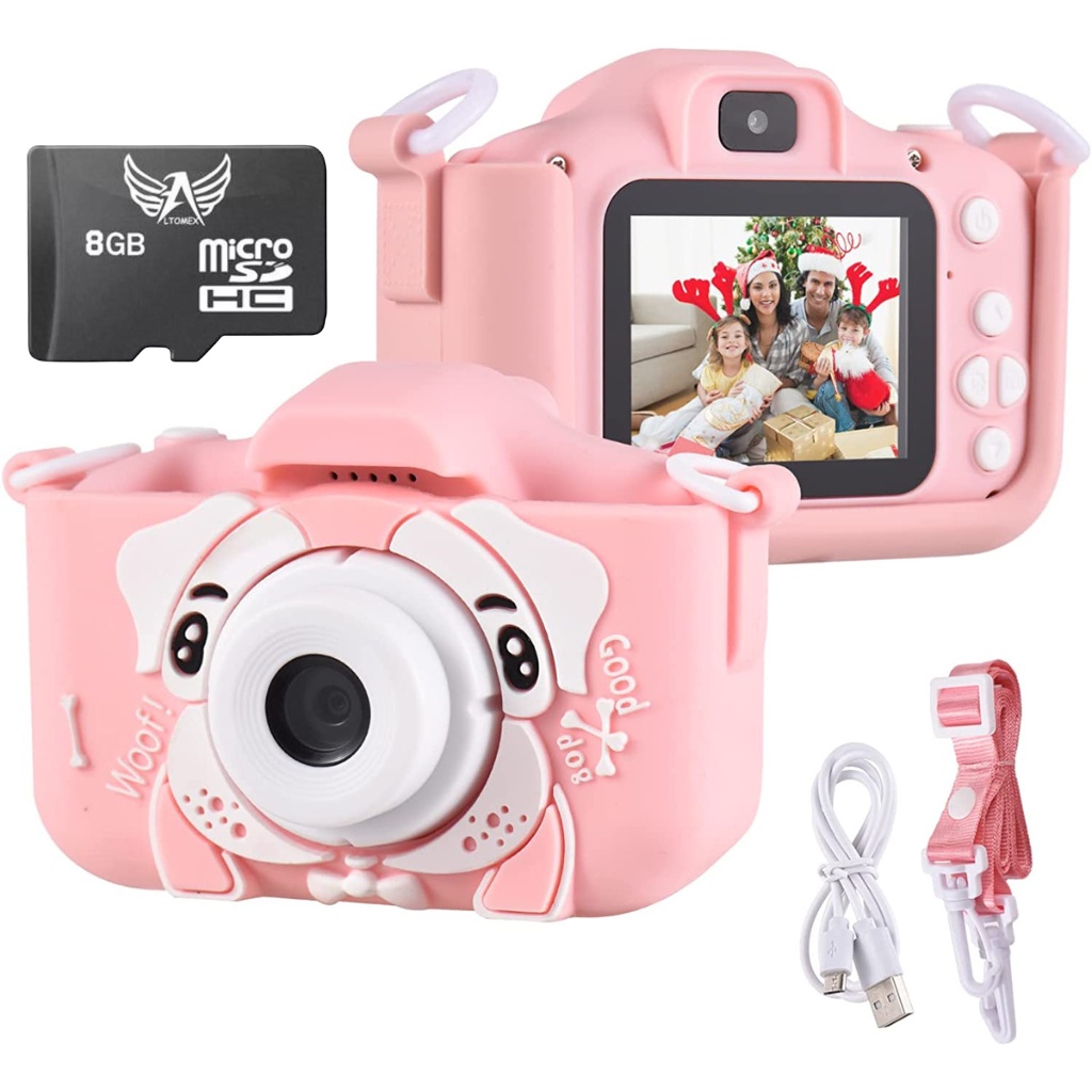 Câmera Digital Cartão de Memoria 8GB Rosa Infantil Mini Efeitos Fotos Voz Recarregável Capa Proteção Jogos