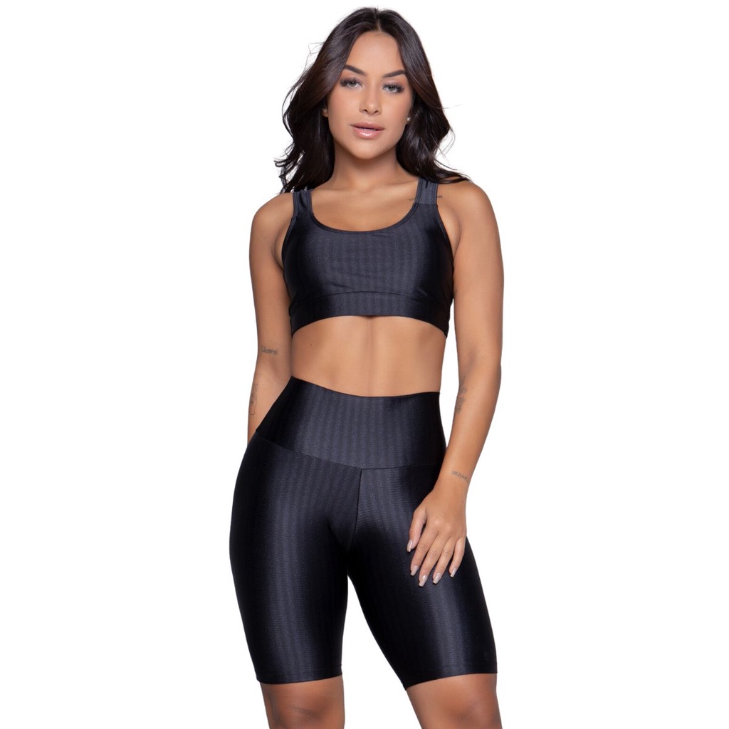 Conjunto Fitness Vekyo Top Bojo Removível e Bermuda New Zig Compressão 3D