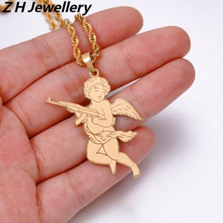 Z H Jóias Ouro 18K 24K S925 Prata Vintage Punk Guardian Angel Pendant Moda Masculina E Feminina Roda De Aço Inoxidável Do Destino Colar Hip Hop Party Acessórios