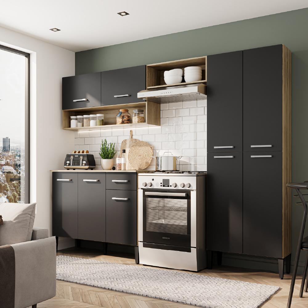 Cozinha Compacta Arizona Classic Carvalho com Preto Carraro - Home & Living