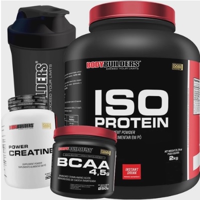 Kit Iso Whey Protein 2kg + Creatina 300g + Bcaa + Coqueteleira - Bodybuilders