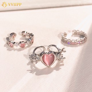 Anel Aberto Puro De Amor Rosa Lustroso Para Meninas Novo Tipo ins Sweet Wind Moon Stone Pequeno Design Sense Versátil De Luxo Fresco E Mulheres